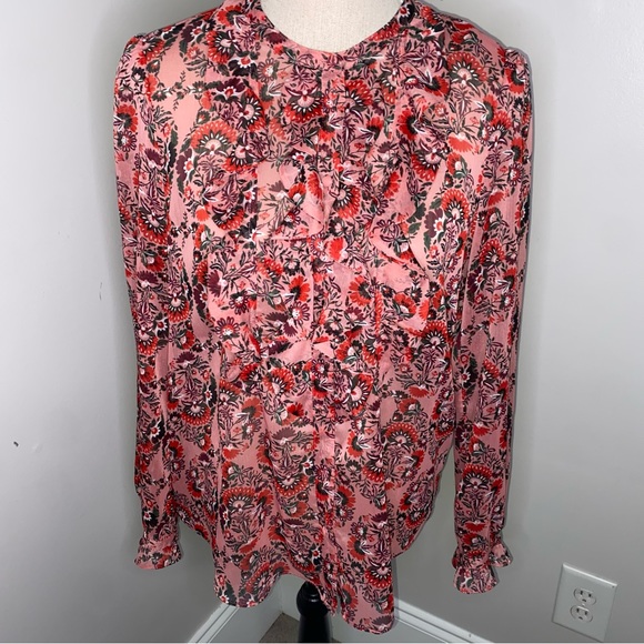 Boden Tops - Boden pink & red paisley floral button front sheer ruffle front blouse size 8